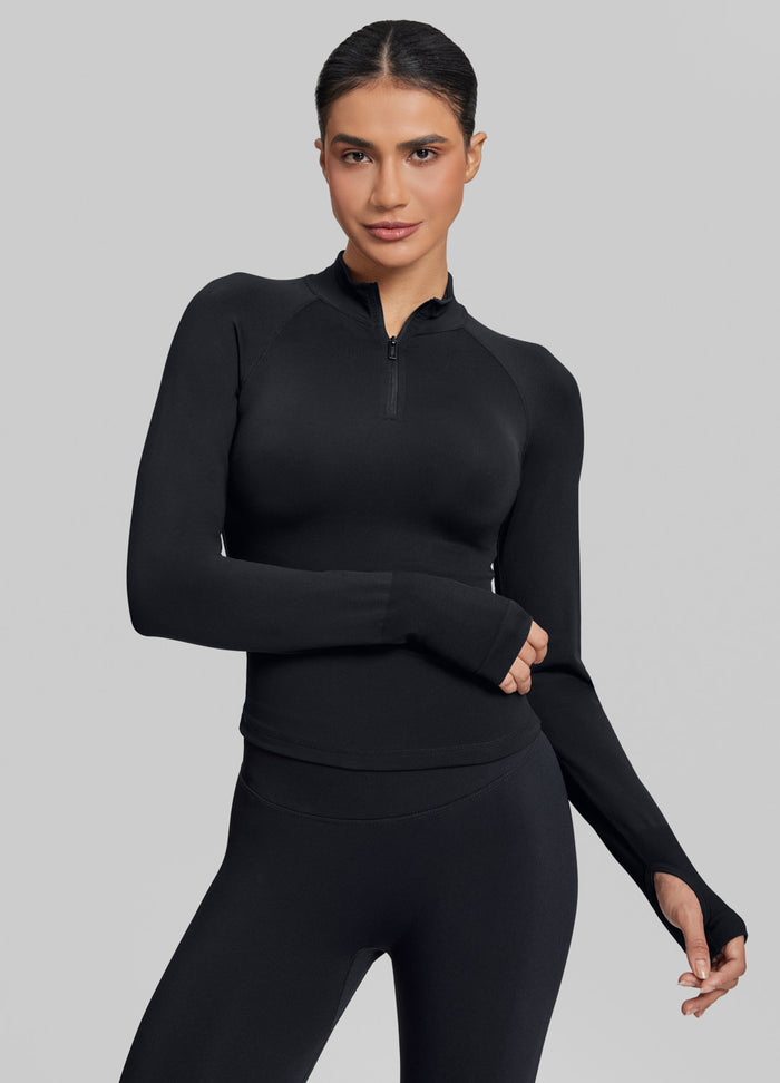Ultrasculpt Longline Form-Fitting Seamless Thumb Hole Twill Knit Half-Zip Top