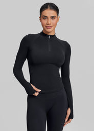Ultrasculpt Longline Form-Fitting Seamless Thumb Hole Twill Knit Half-Zip Top