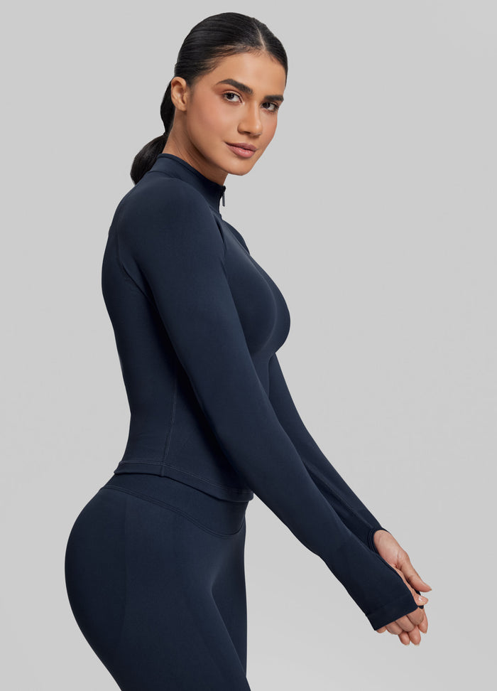 Ultrasculpt Longline Form-Fitting Seamless Thumb Hole Twill Knit Half-Zip Top