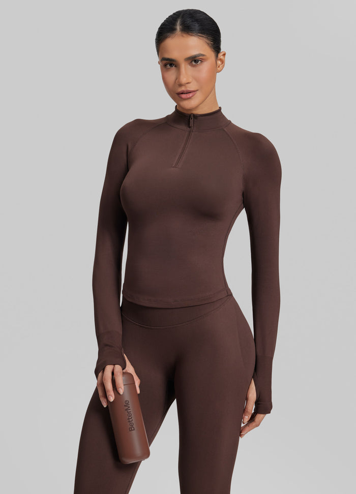 Ultrasculpt Longline Form-Fitting Seamless Thumb Hole Twill Knit Half-Zip Top