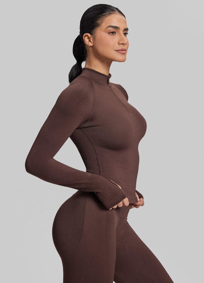 Ultrasculpt Longline Form-Fitting Seamless Thumb Hole Twill Knit Half-Zip Top