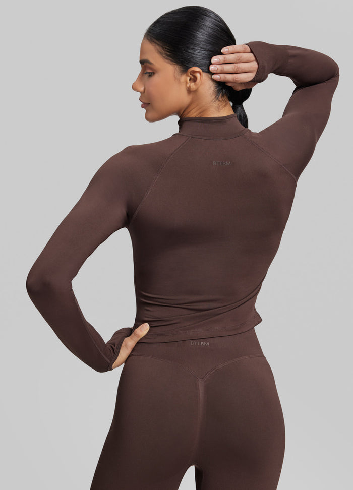 Ultrasculpt Longline Form-Fitting Seamless Thumb Hole Twill Knit Half-Zip Top