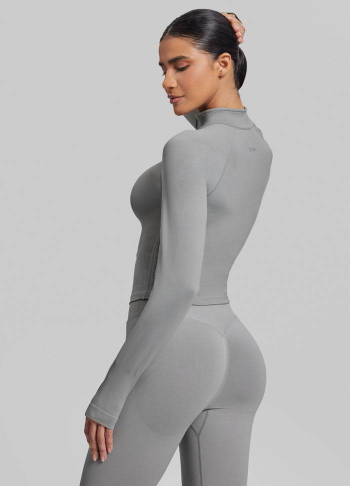 Ultrasculpt Longline Form-Fitting Seamless Thumb Hole Twill Knit Half-Zip Top