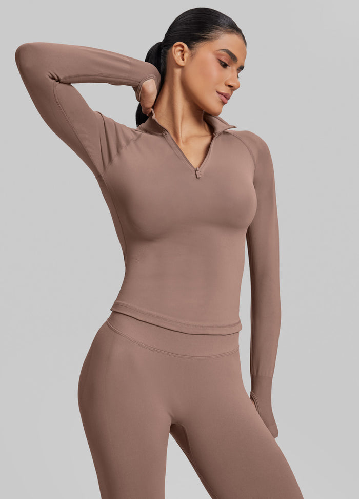 Ultrasculpt Longline Form-Fitting Seamless Thumb Hole Twill Knit Half-Zip Top