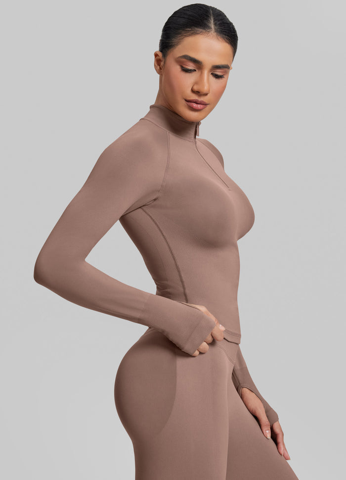 Ultrasculpt Longline Form-Fitting Seamless Thumb Hole Twill Knit Half-Zip Top