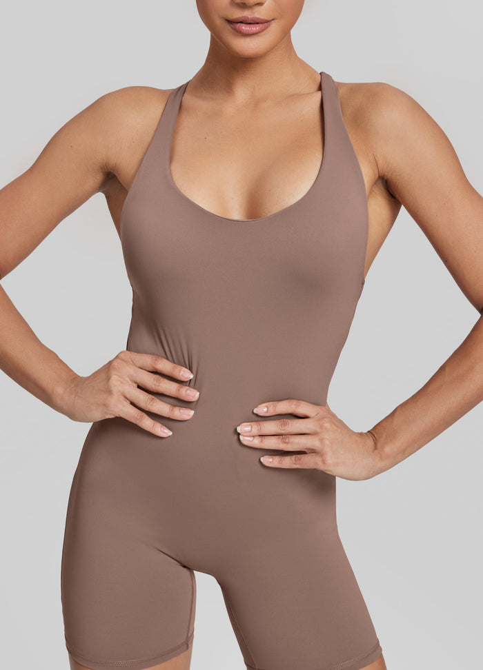 Form-Fitting Shorts Crossback Built-in Bra Sweat-Wicking Bodysuit