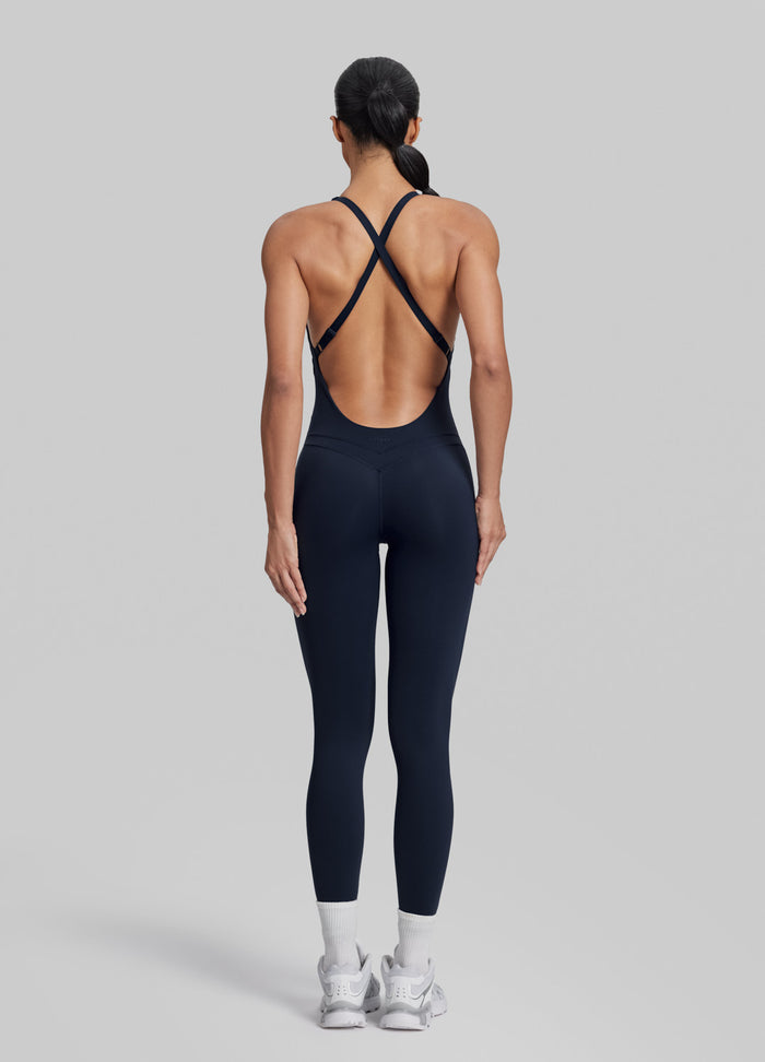 Form-Fitting Full Length Crossback Built-in Bra Sweat-Wicking Bodysuit