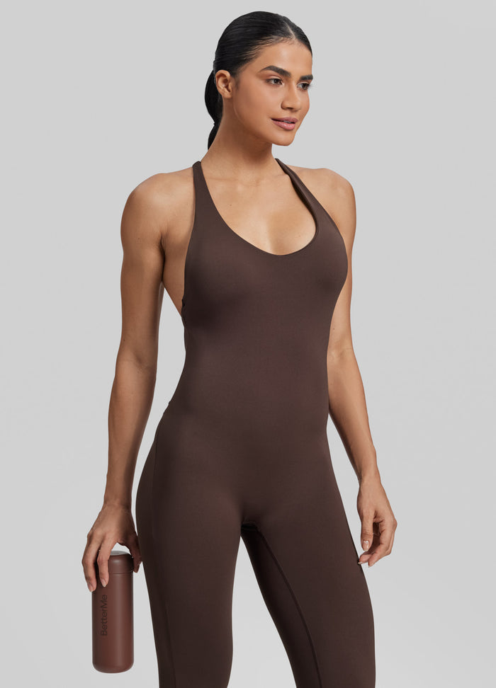 Form-Fitting Full Length Crossback Built-in Bra Sweat-Wicking Bodysuit