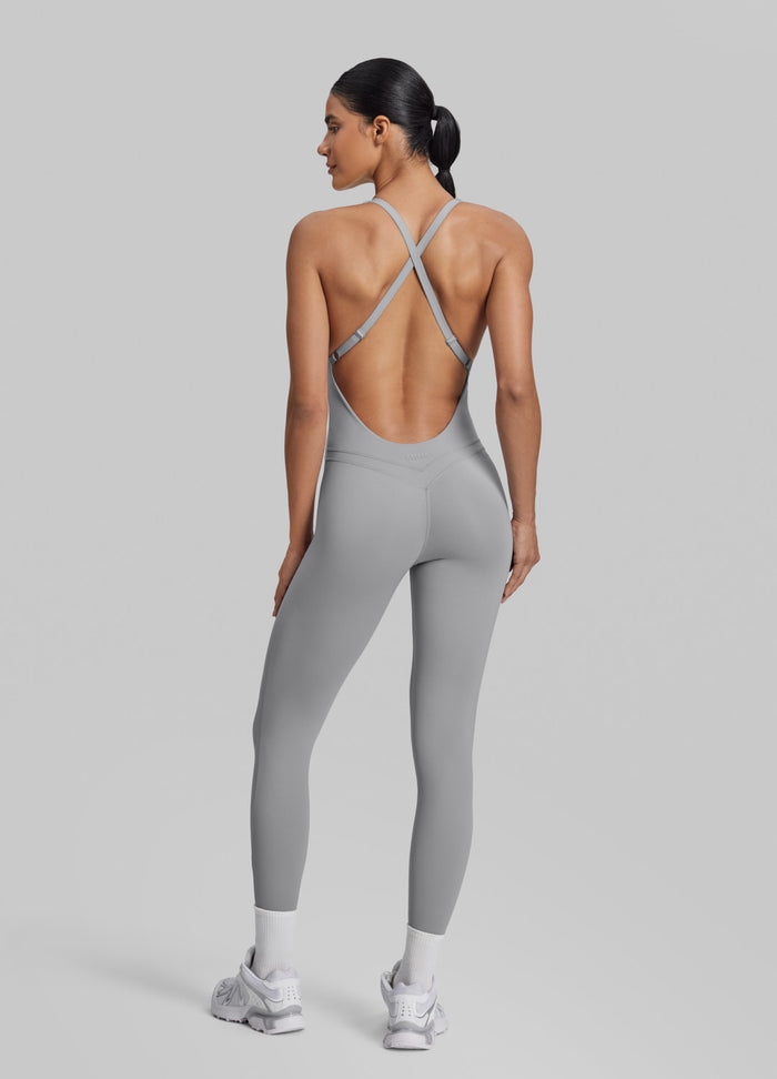Form-Fitting Full Length Crossback Built-in Bra Sweat-Wicking Bodysuit