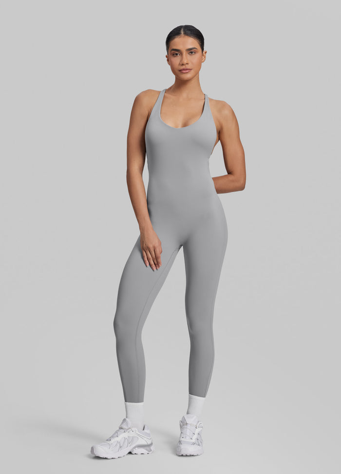 Form-Fitting Full Length Crossback Built-in Bra Sweat-Wicking Bodysuit