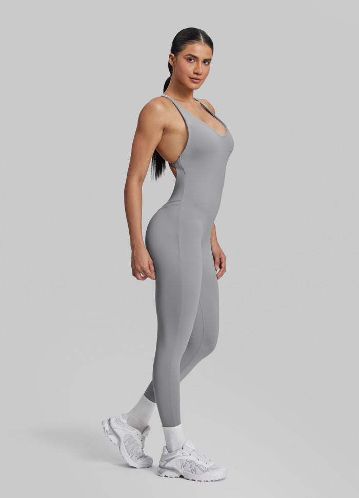 Form-Fitting Full Length Crossback Built-in Bra Sweat-Wicking Bodysuit