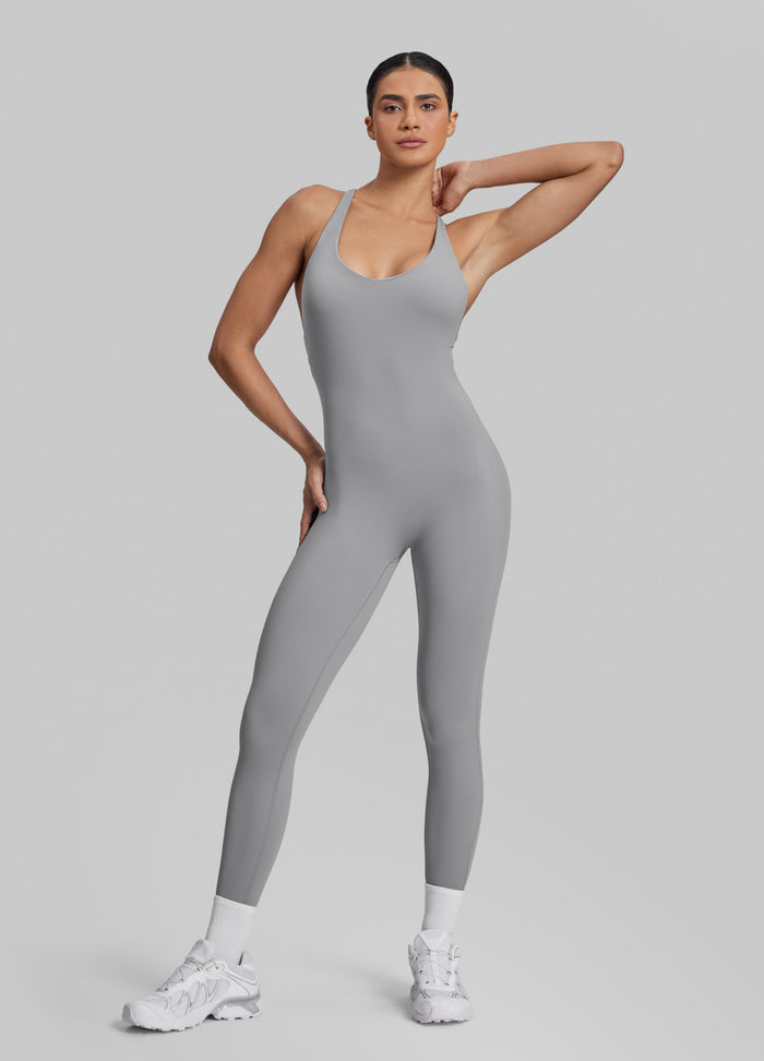 Form-Fitting Full Length Crossback Built-in Bra Sweat-Wicking Bodysuit