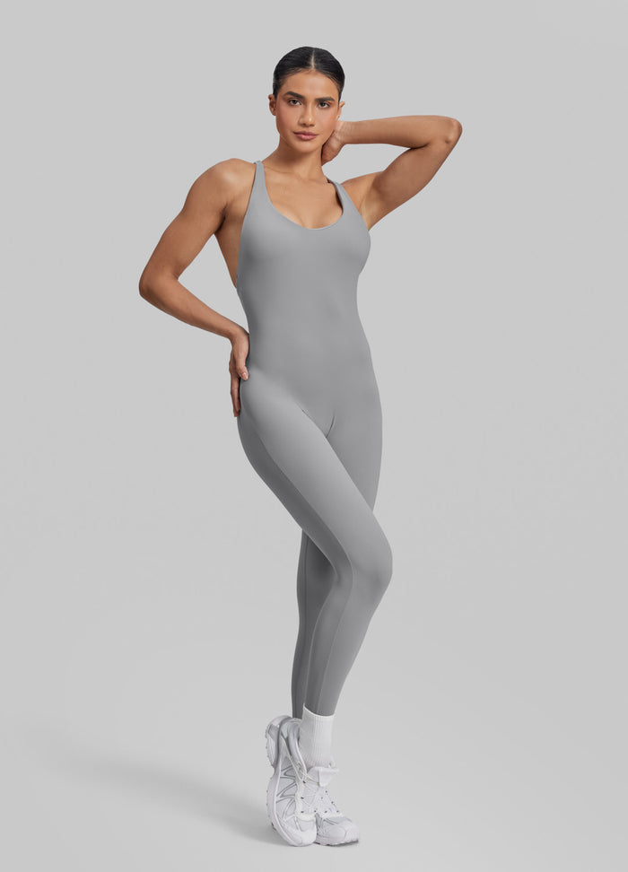 Form-Fitting Full Length Crossback Built-in Bra Sweat-Wicking Bodysuit