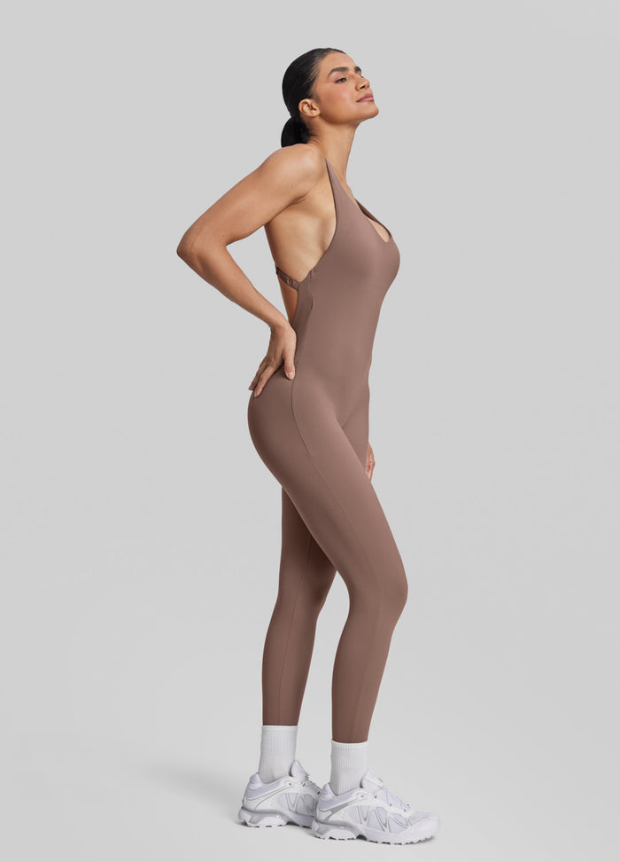 Form-Fitting Full Length Crossback Built-in Bra Sweat-Wicking Bodysuit