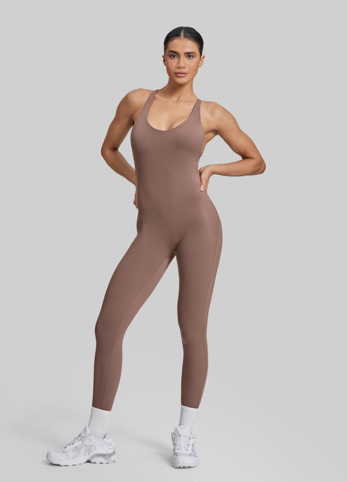 Form-Fitting Full Length Crossback Built-in Bra Sweat-Wicking Bodysuit