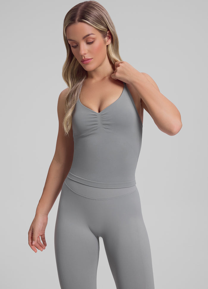 Ultrasculpt Longline Halterneck Form-Fitting Built-in Bra Twill Knit Tank Top