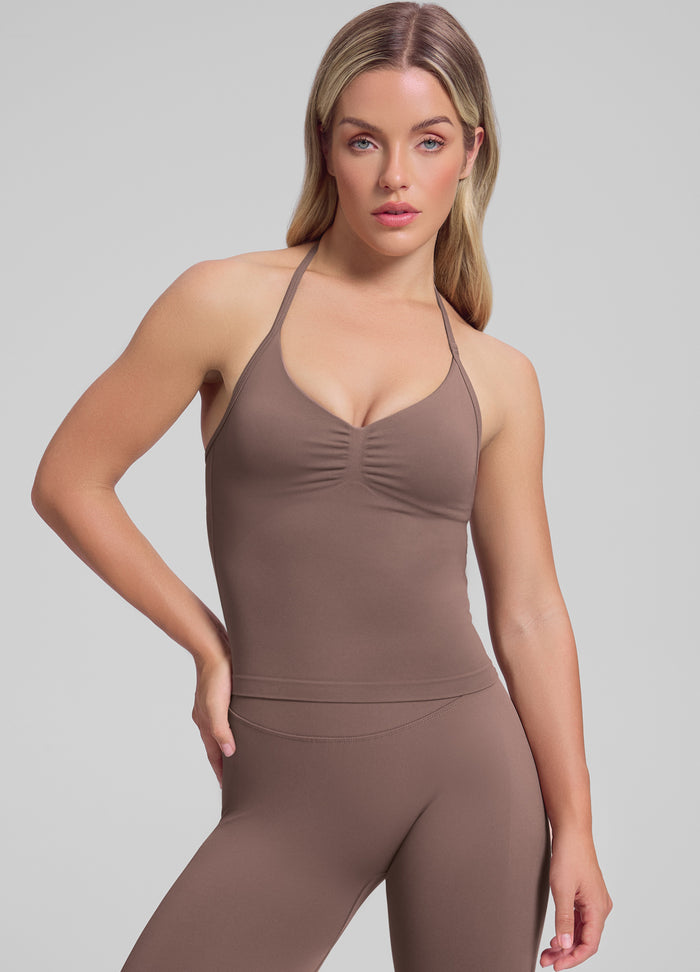 Ultrasculpt Longline Halterneck Form-Fitting Built-in Bra Twill Knit Tank Top